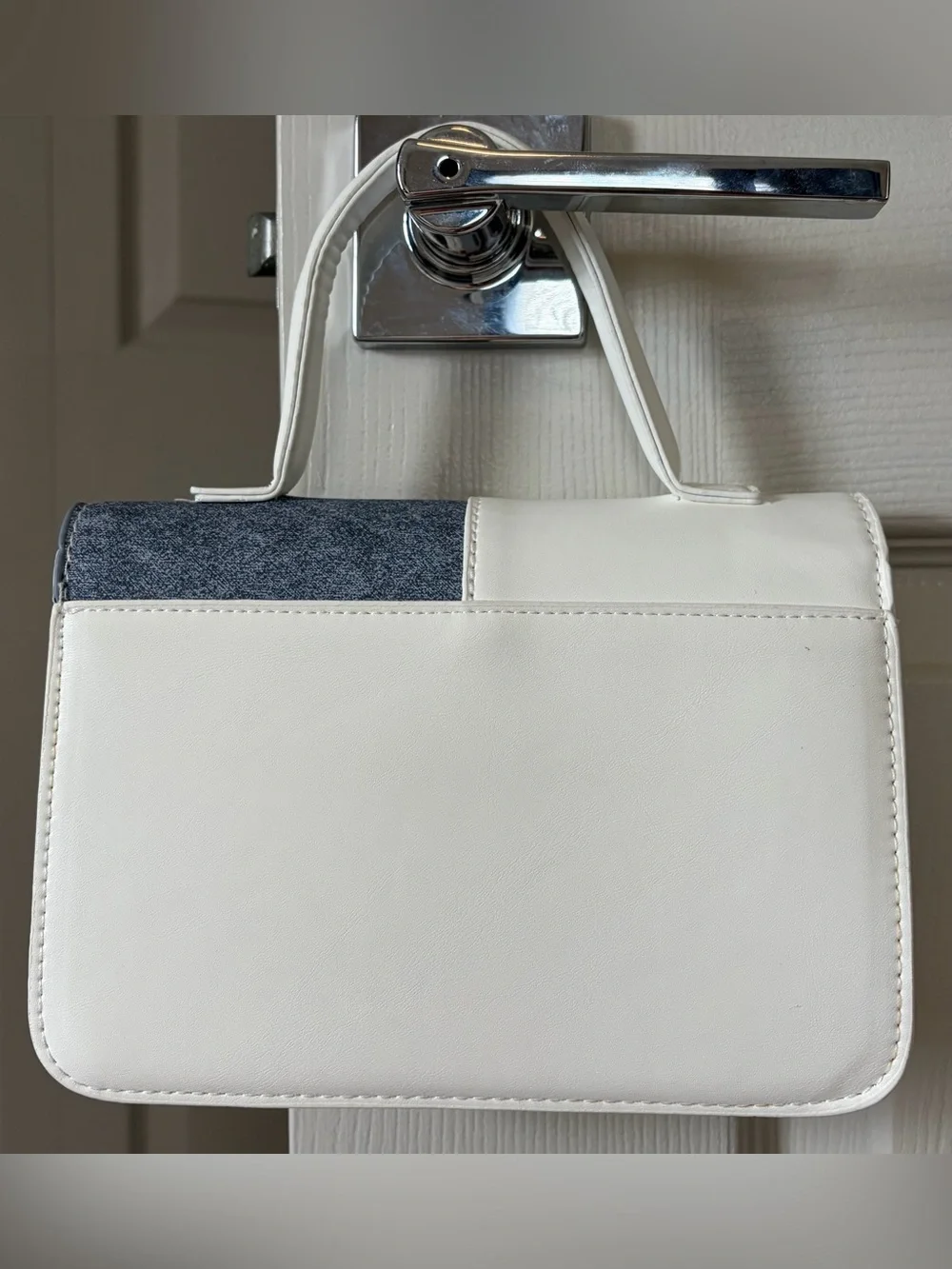 Two-Tone White and Denim Patchwork Top-Handle Crossbody Bag